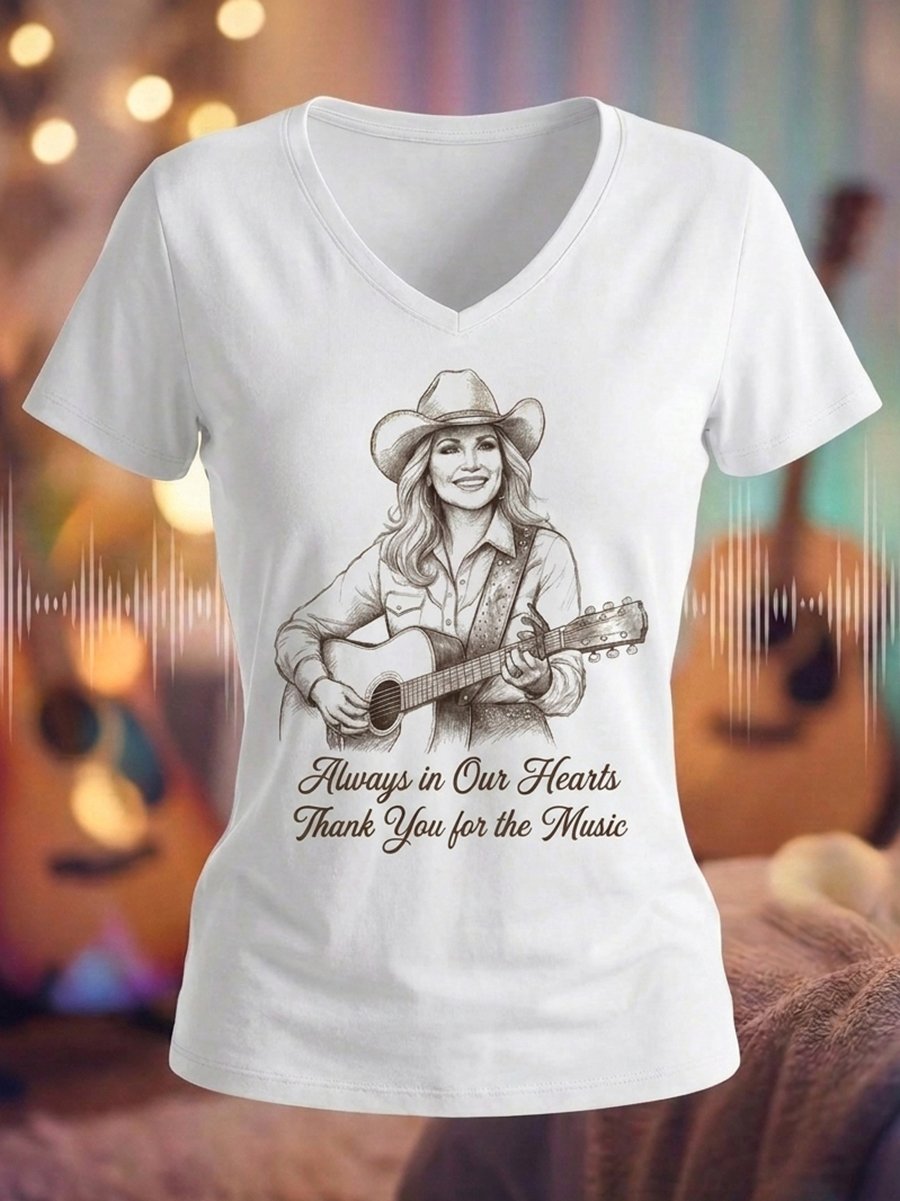Women's Dolly Parton Tribute Print V-Neck Short-Sleeve T-Shirt