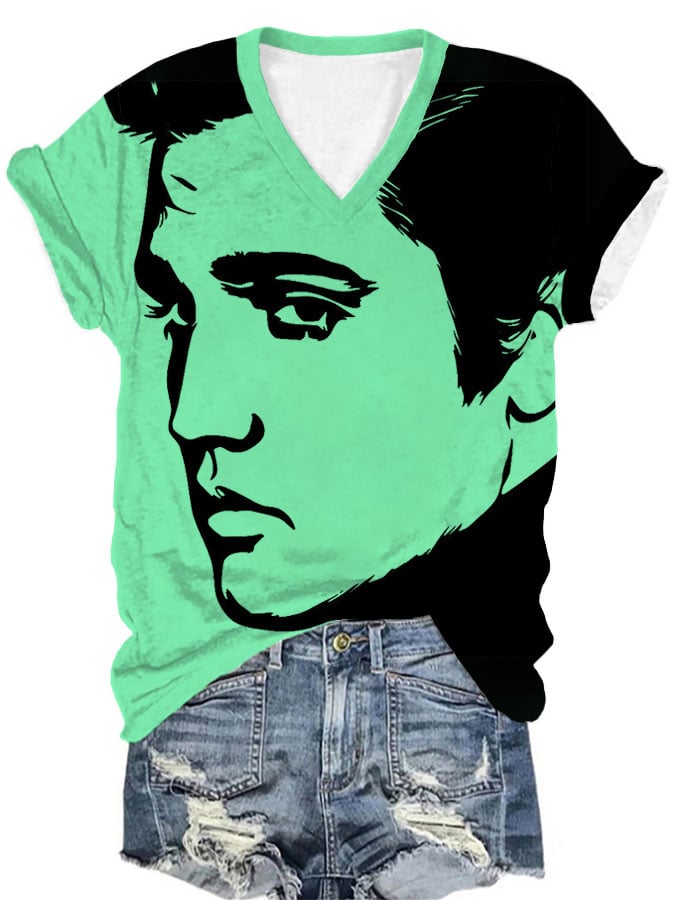 Women's Retro Music Star Print V-Neck T-Shirt