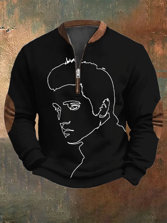 Men's Retro King Of Rock Roll Print Zip Sweatshirt