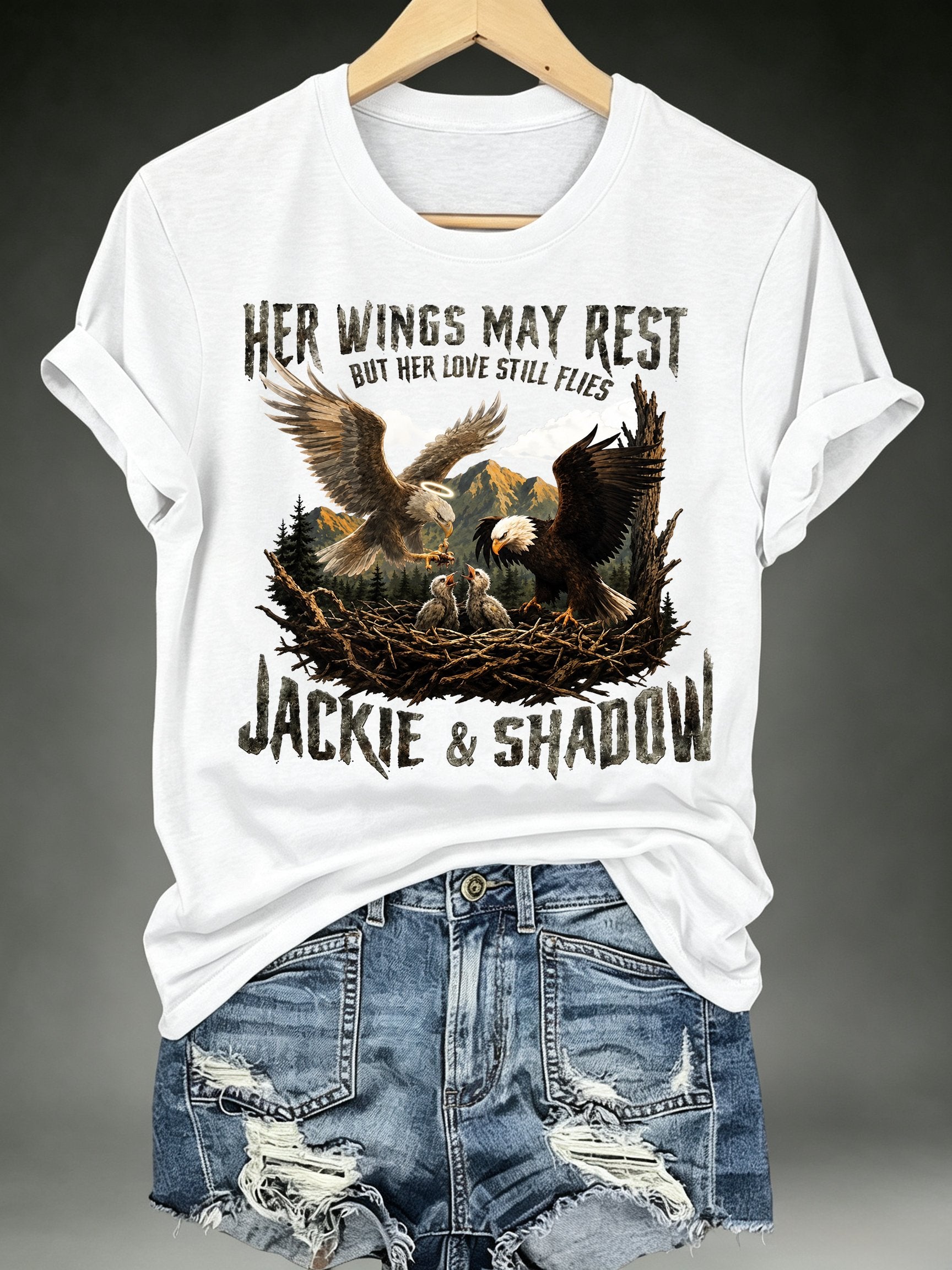 Women's HER WINGS MAY REST Print Crew-Neck T-Shirt