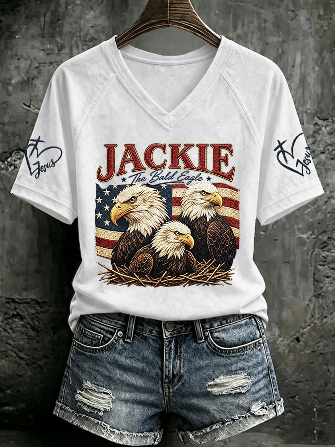 V Neck Retro Jackie The Bald Eagle Print T-Shirt