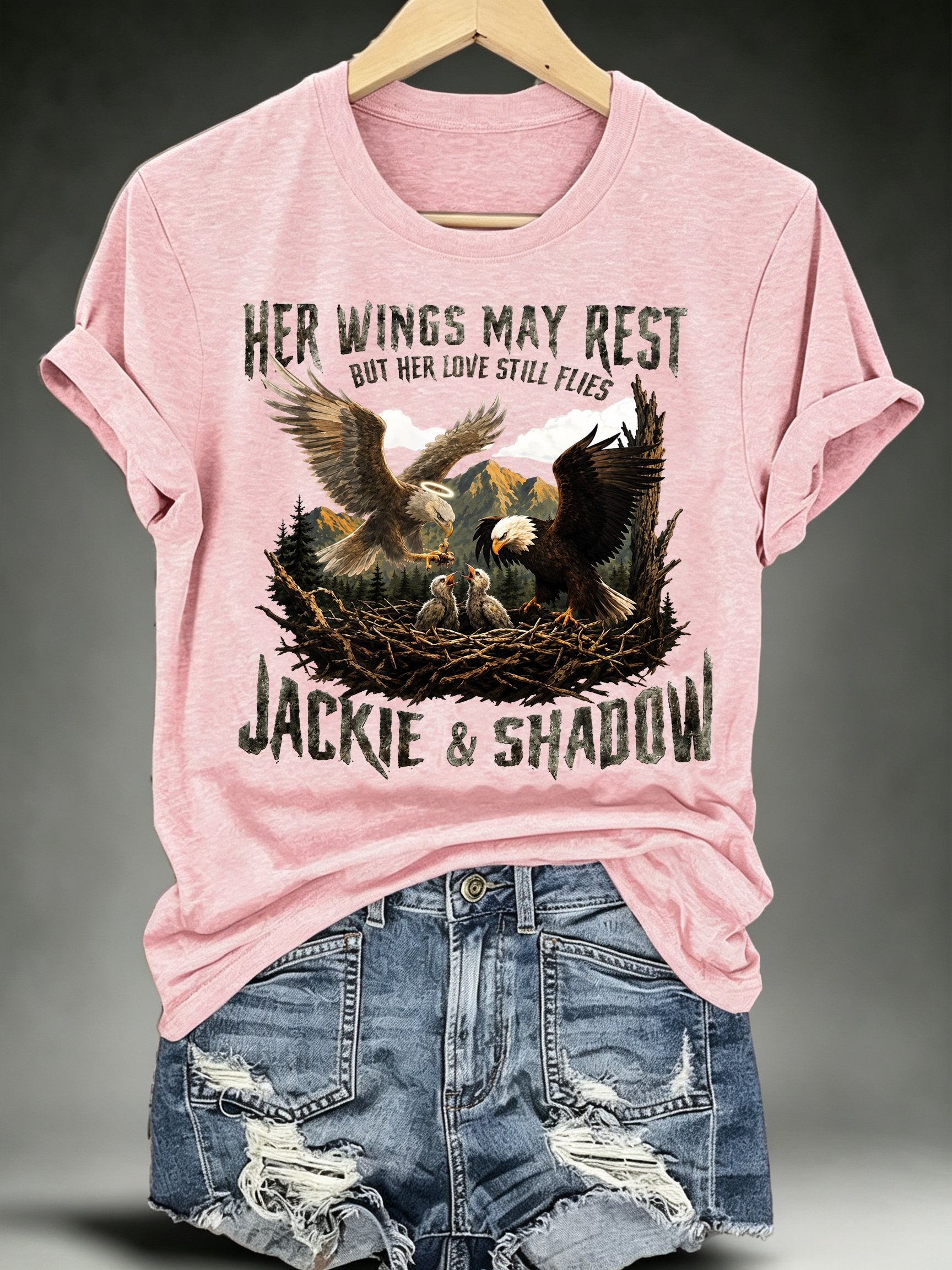 Women's HER WINGS MAY REST Print Crew-Neck T-Shirt