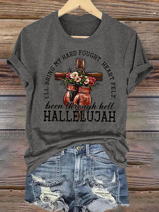 Women's I'll Bring My Hard Fought Hallelujah Christian Cross Boxing Gloves T-Shirt