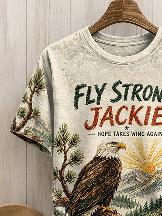 Retro Jackie Fly Strong, Hope Takes Wing Again Print T-Shirt