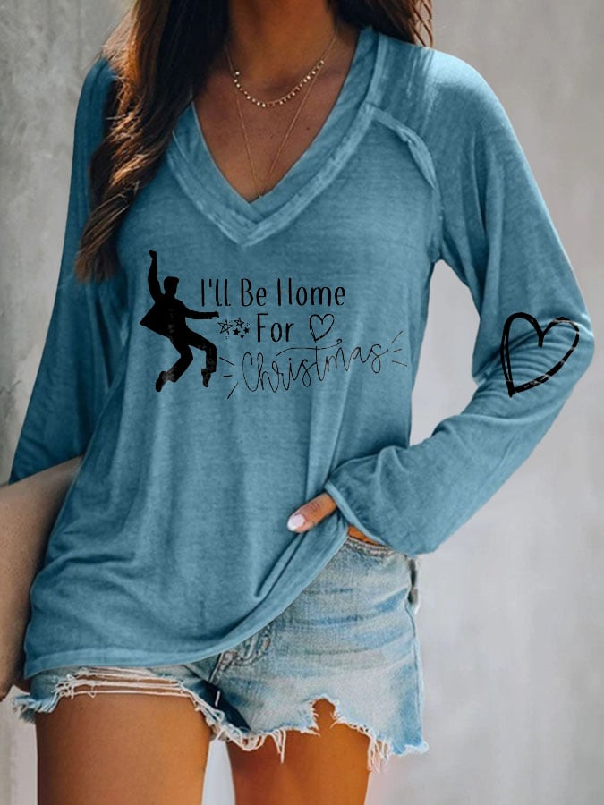 King Of Rock Roll I'll Be Home For Christmas V-neck Print T-Shirt
