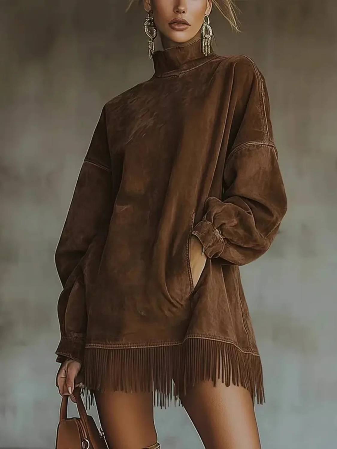 Women's High Neck Oversized Fringe Sweatshirt Dress with Side Pockets