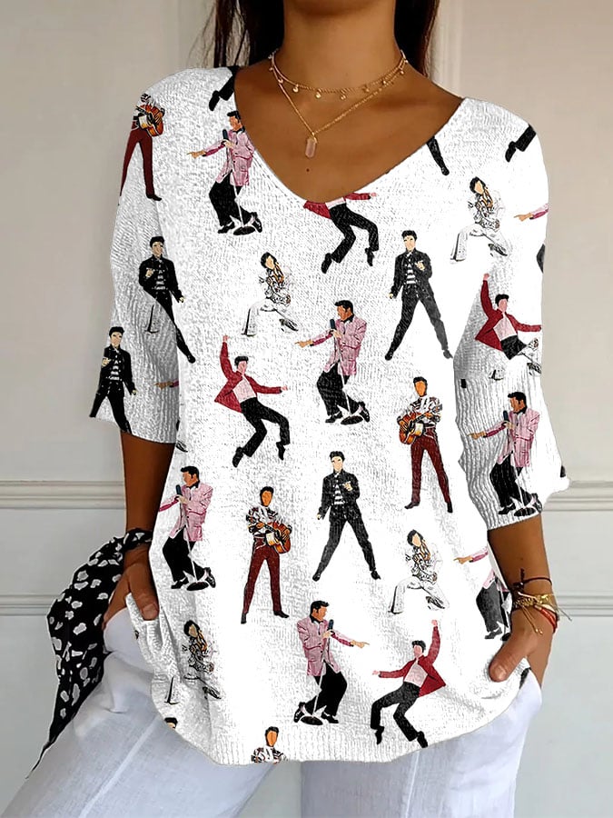 Women's Retro Music Singer Print Shirt