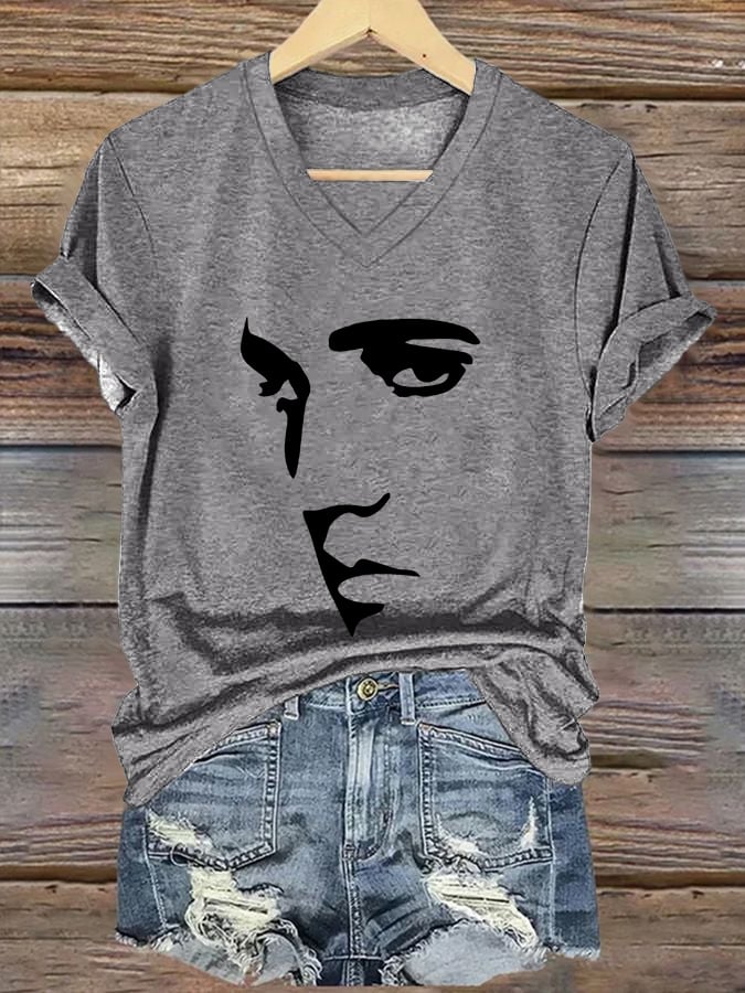 V-neck Retro King Of Rock Roll Print T-Shirt