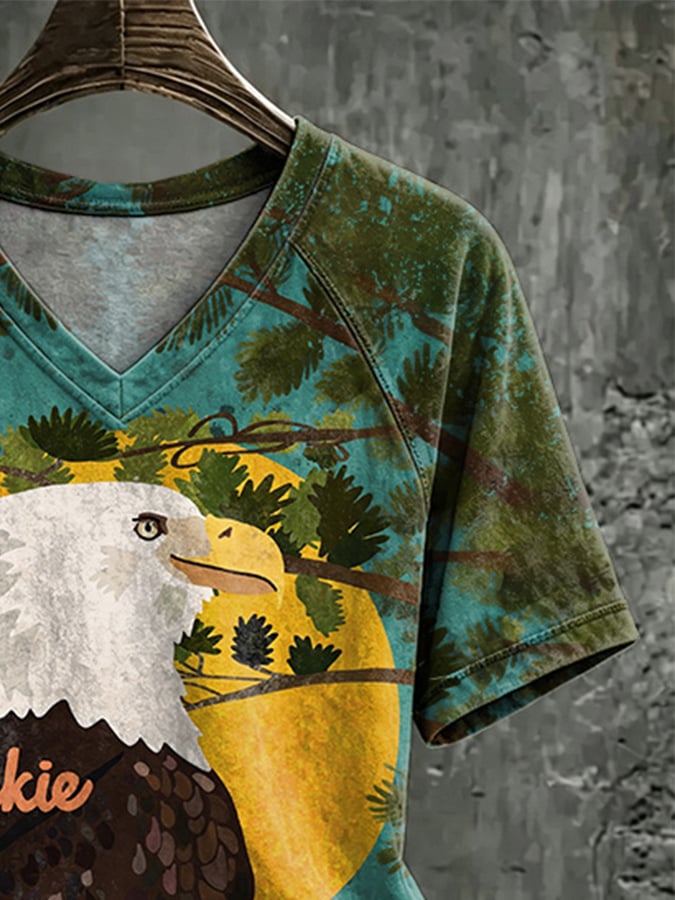 V Neck Retro Jackie Watercolor Painting Print T-Shirt