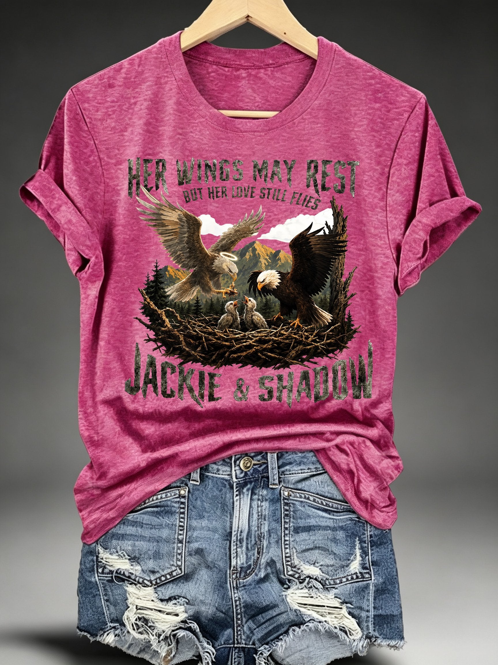 Women's HER WINGS MAY REST Print Crew-Neck T-Shirt