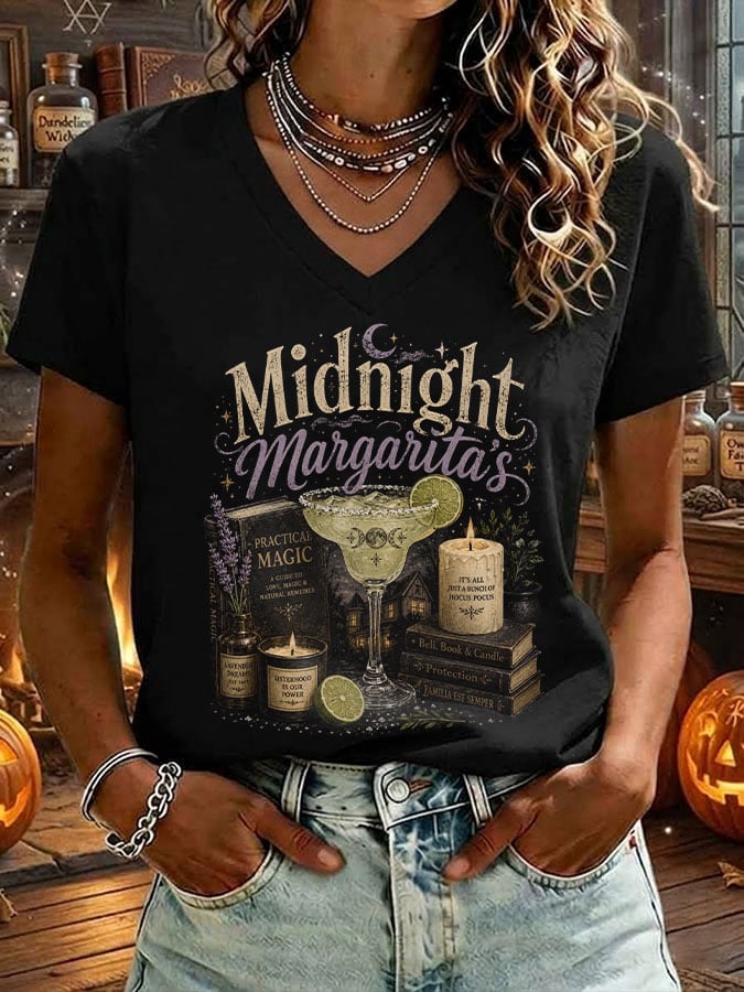 Women's Midnight Margaritas Print V Neck T-shirt