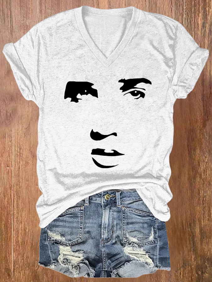 V-neck Retro King Of Rock Roll Print T-Shirt