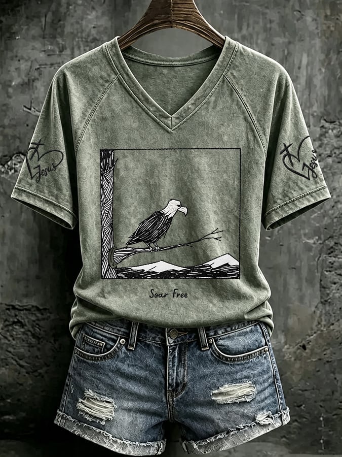 V Neck Retro Jackie Forever Our Queen Soar Free Print T-Shirt