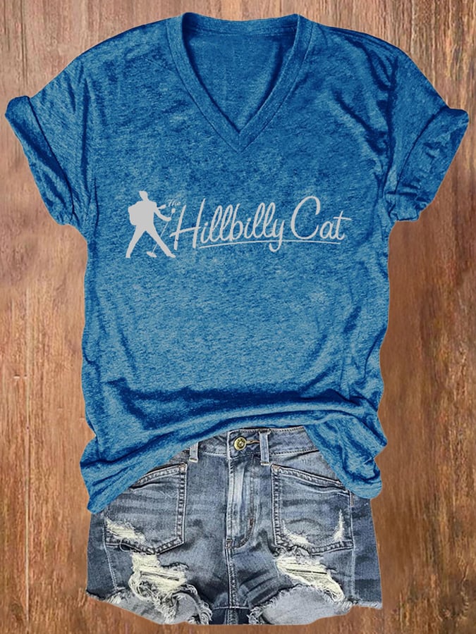 V-neck The Hillbilly Cat Print T-Shirt