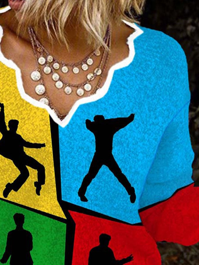 King Of Rock Roll Color Block Print Knit Tops