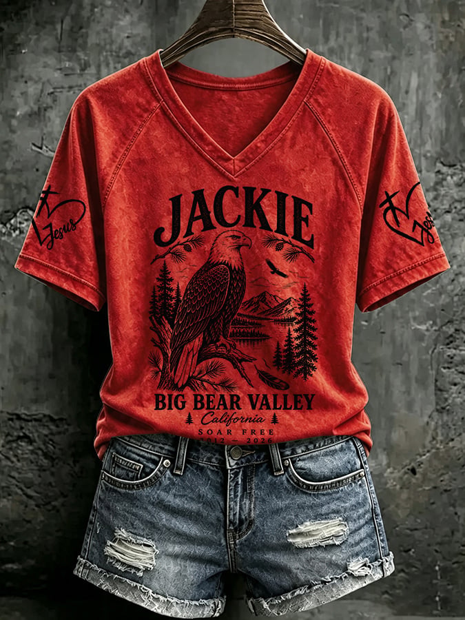 V Neck Retro Jackie Big Bear Valley California Soar Free 2012 - 2026 Print T-Shirt