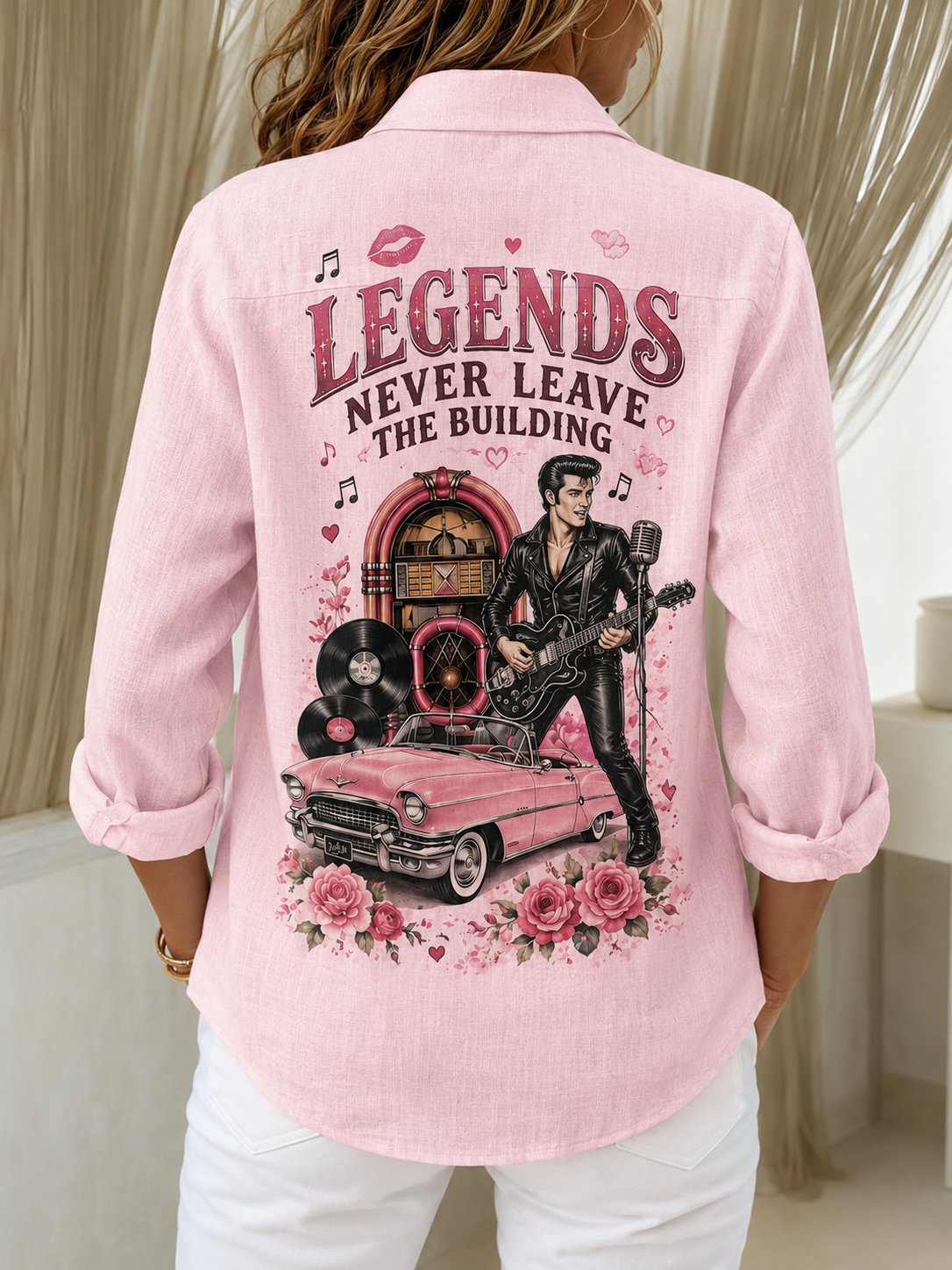 Women's Vintage 1950s Rockabilly King Print Casual Shirt