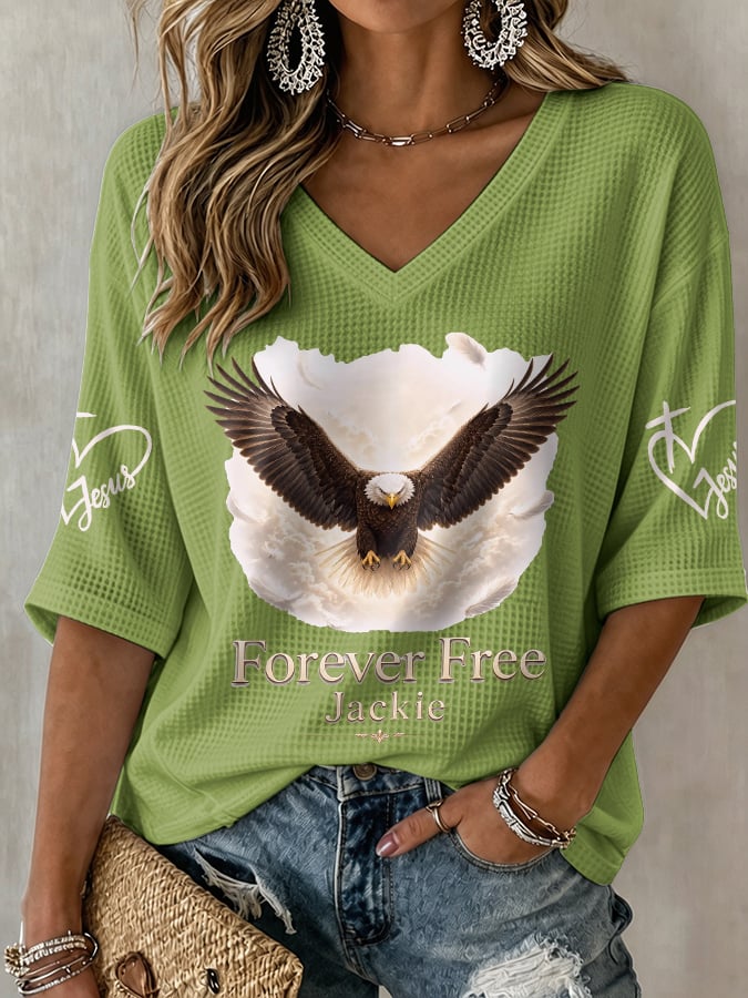 V-Neck Retro Forever Free Jackie Print T-Shirt