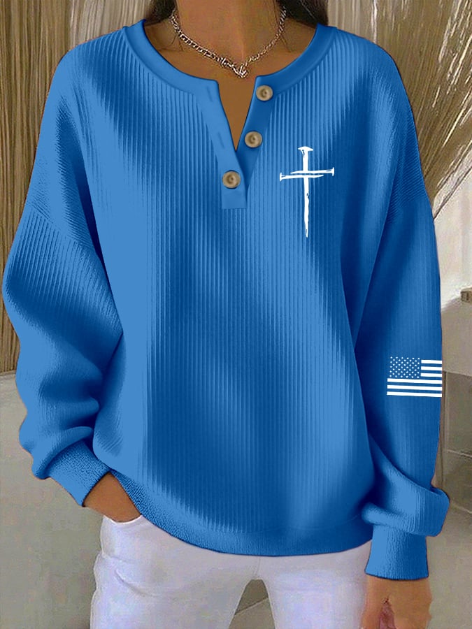 Women's Vintage Faith Cross Print Knitted Crew Neck Long Sleeve Top