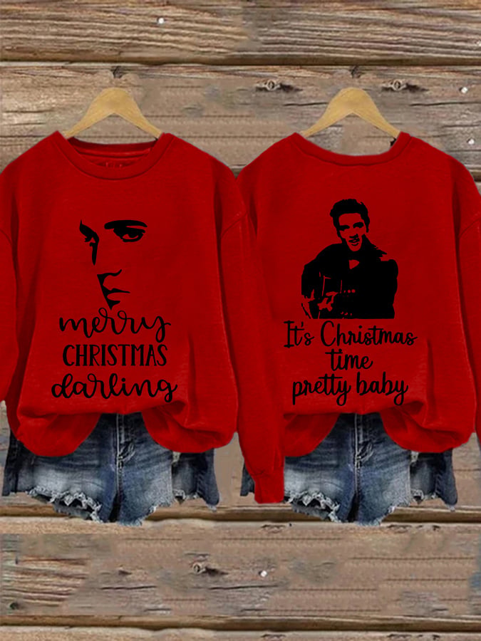 Retro King Of Rock Roll Merry Christmas Print Sweatshirt