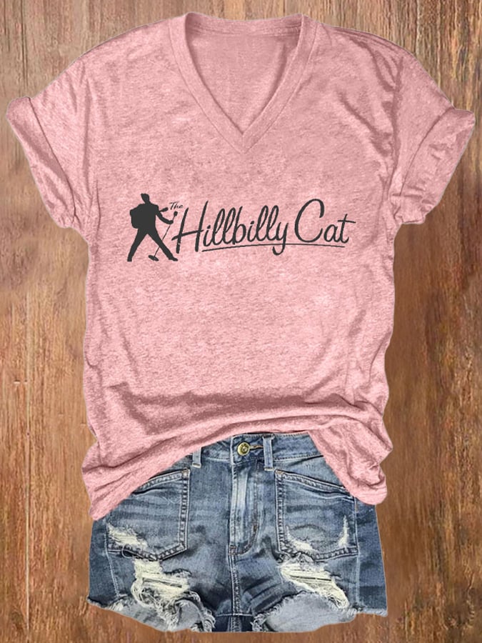V-neck The Hillbilly Cat Print T-Shirt
