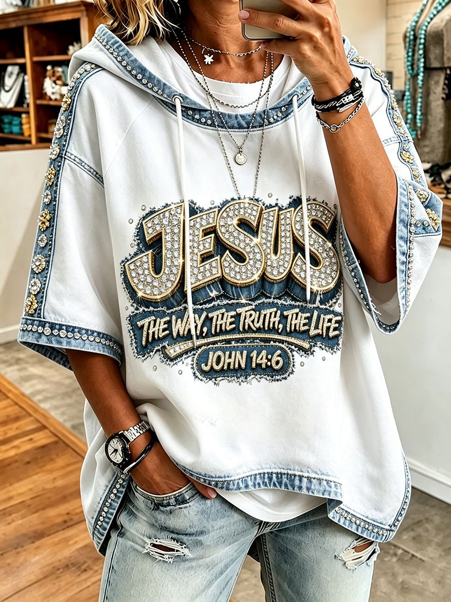 Women's American-Style Rhinestone Patchwork Denim Print Hoodie