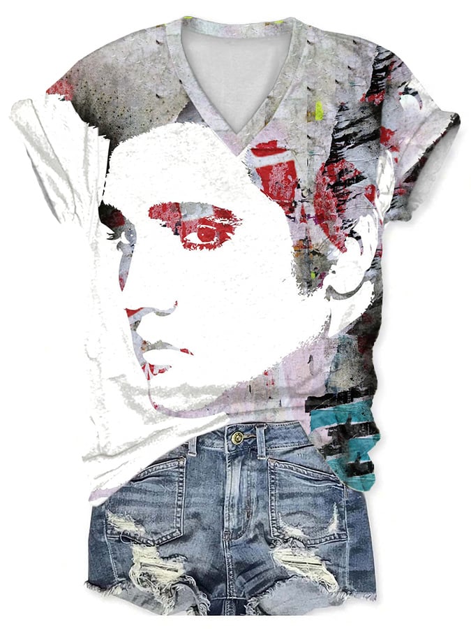 V-Neck Retro King Of Rock Roll Painting Print T-Shirt