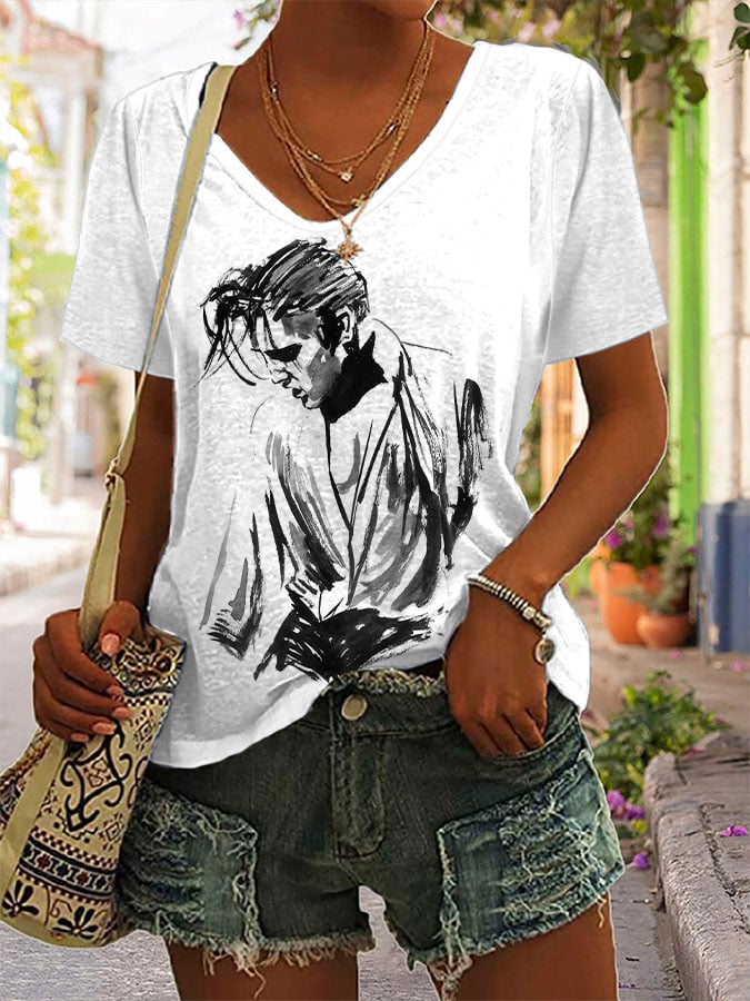 Women's Retro King Of Rock Roll Print V Neck T-Shirt