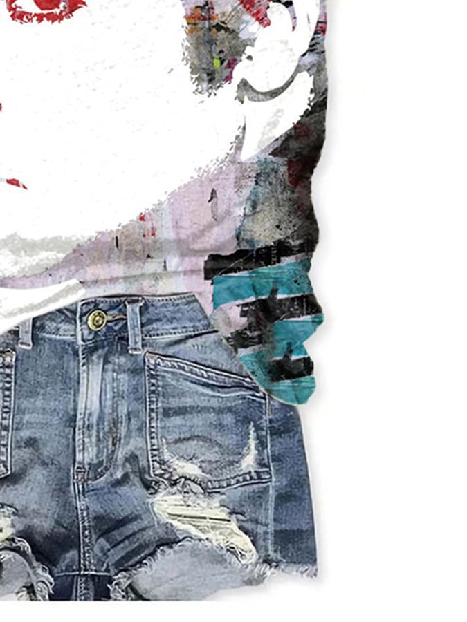 V-Neck Retro King Of Rock Roll Painting Print T-Shirt