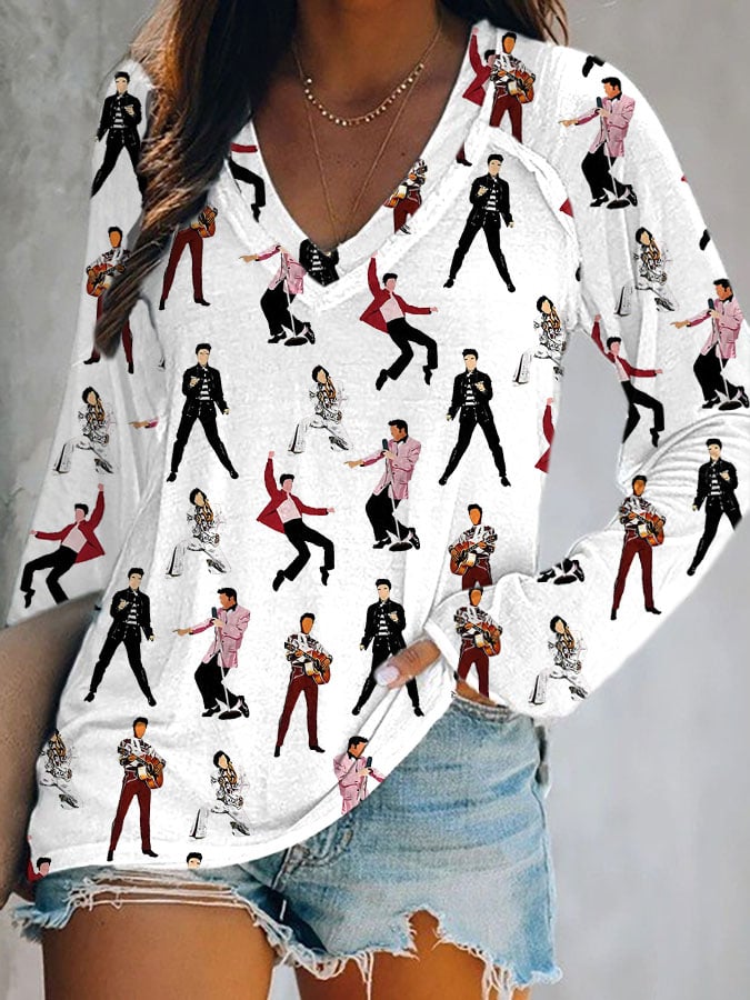 Women's Music Singer Print V Neck Top