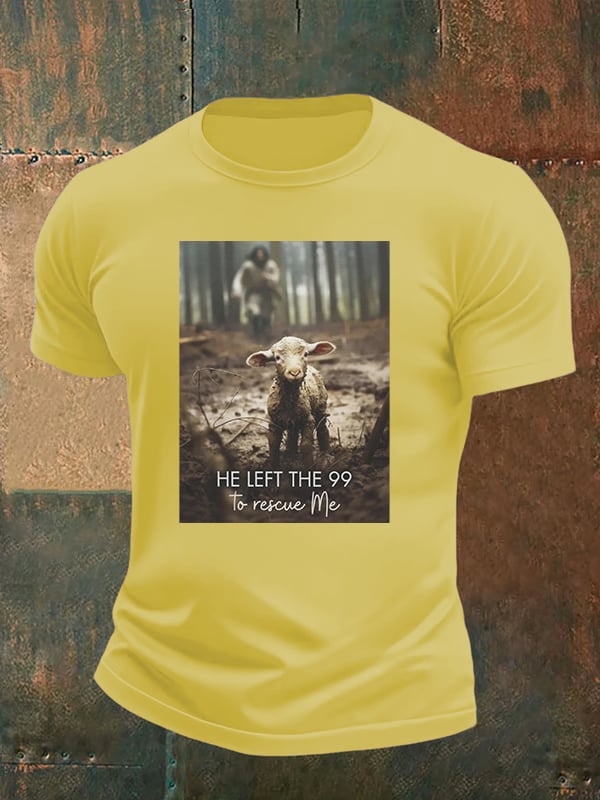 Men's He Left the 99 to Rescue Me, Jesus and Lost Sheep, Christian T-shirt
