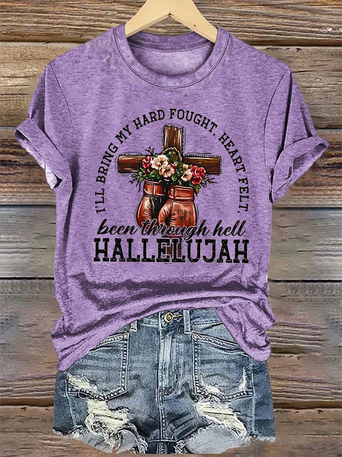 Women's I'll Bring My Hard Fought Hallelujah Christian Cross Boxing Gloves T-Shirt
