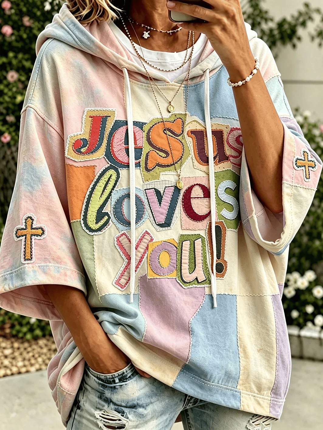 Women's faith theme slogan color-blocked design casual hoodie
