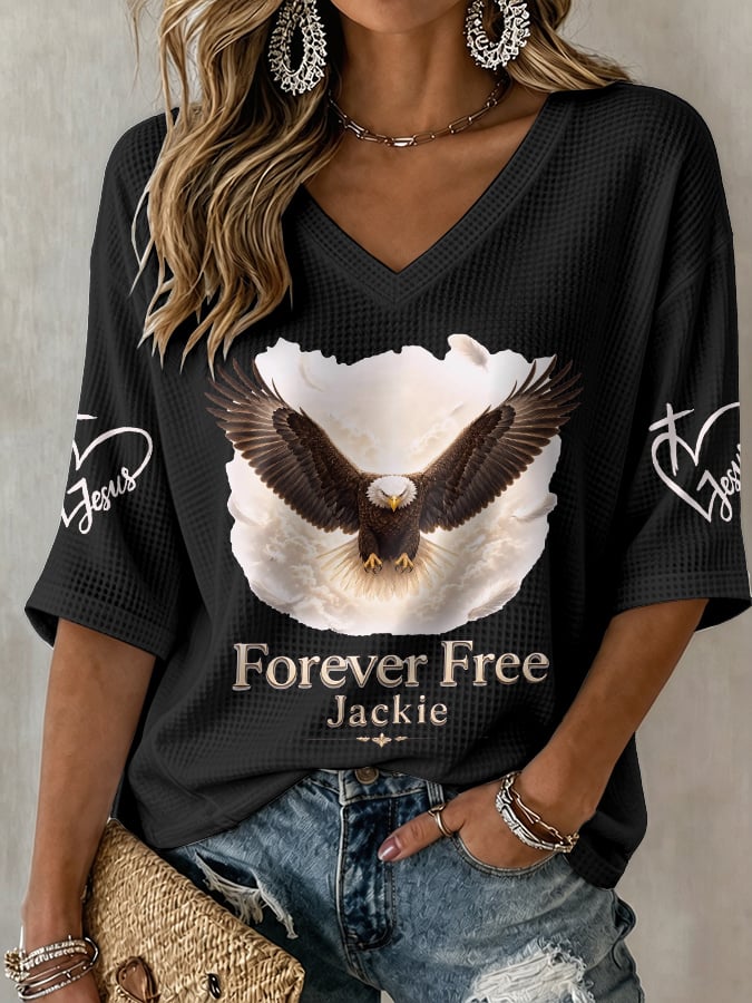 V-Neck Retro Forever Free Jackie Print T-Shirt