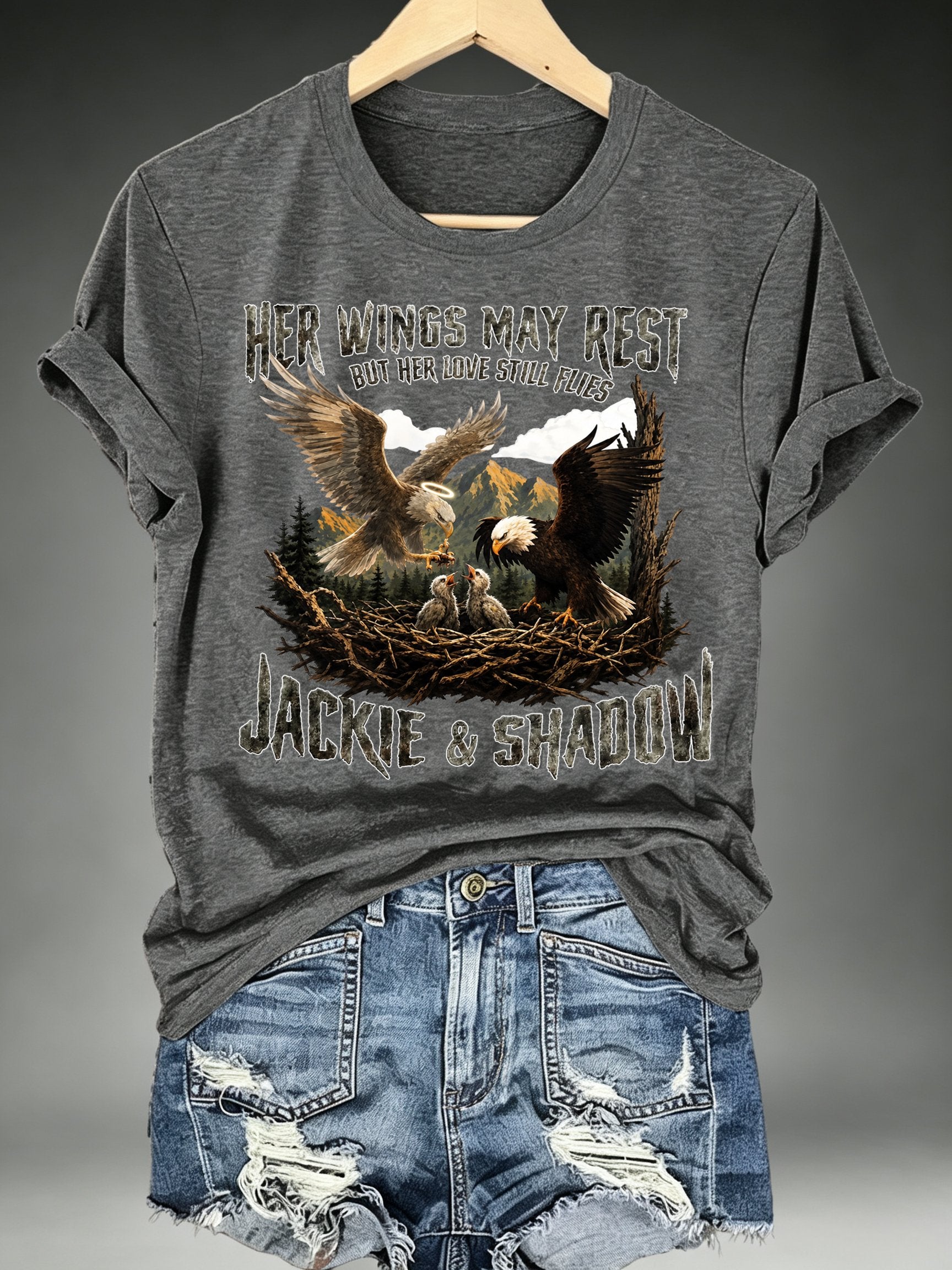 Women's HER WINGS MAY REST Print Crew-Neck T-Shirt