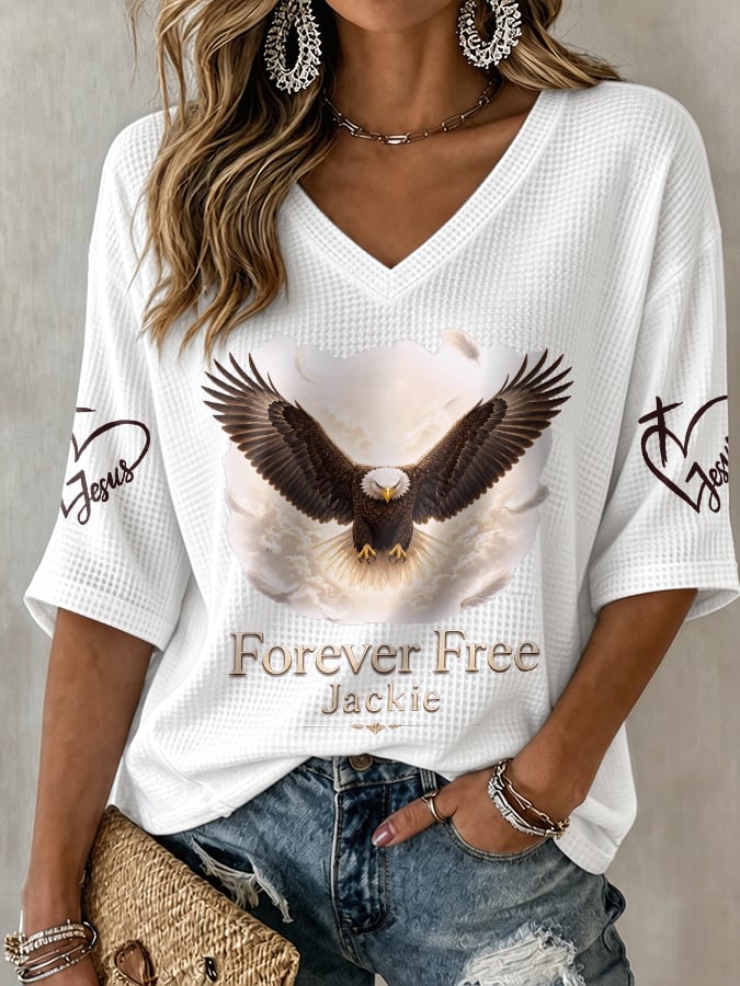 V-Neck Retro Forever Free Jackie Print T-Shirt