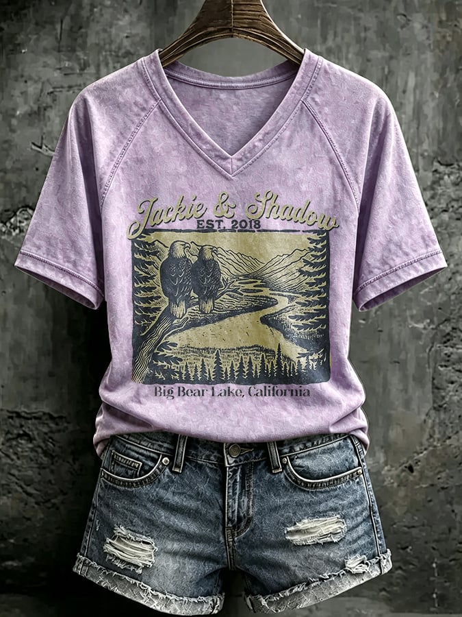 V Neck Retro Jackie & Shadow Est. 2018 Big Bear Lake, California Print T-Shirt