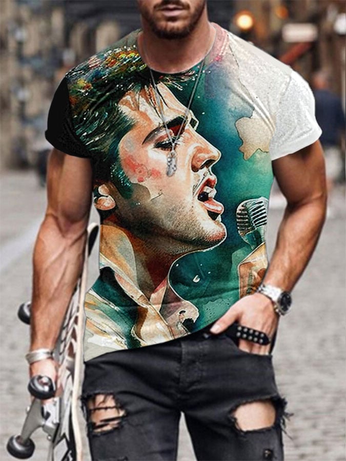 Men's the King of Rock and Roll Watercolor Print Casual T-Shirt