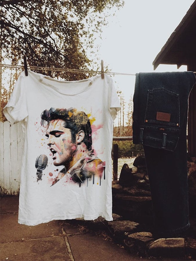 Men's the King of Rock and Roll Watercolor Print Casual T-Shirt