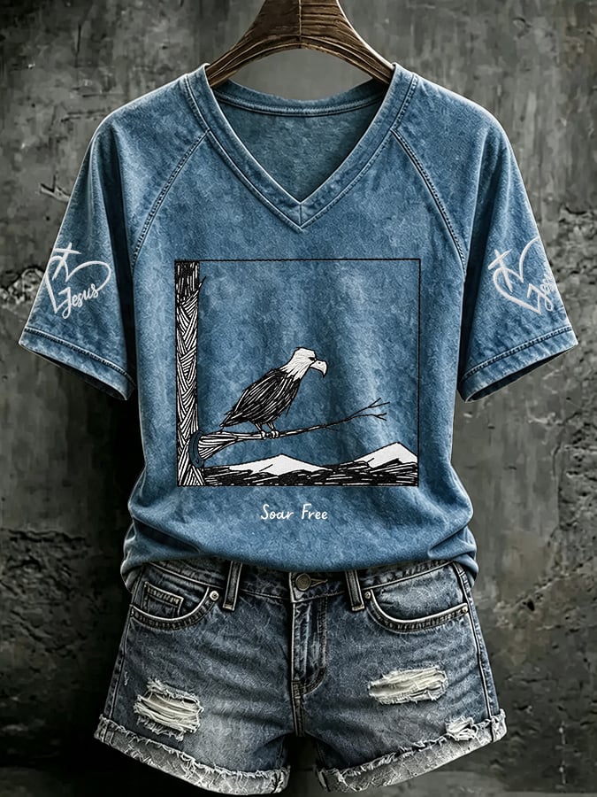 V Neck Retro Jackie Forever Our Queen Soar Free Print T-Shirt