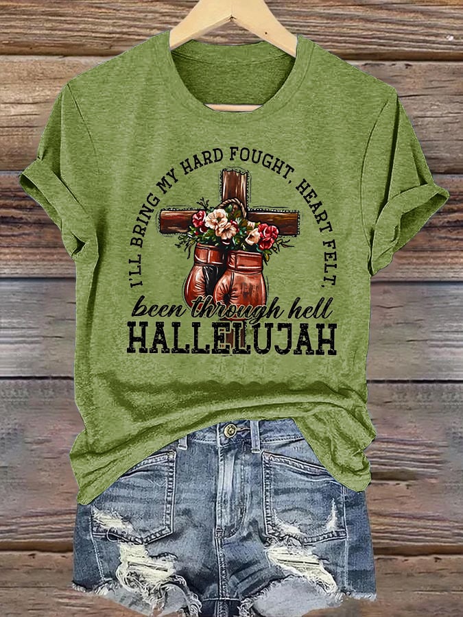 Women's I'll Bring My Hard Fought Hallelujah Christian Cross Boxing Gloves T-Shirt