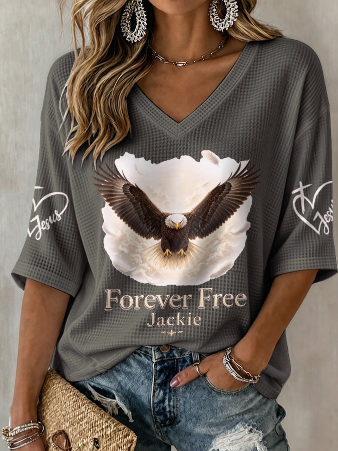 V-Neck Retro Forever Free Jackie Print T-Shirt