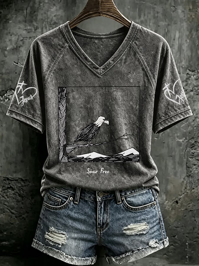 V Neck Retro Jackie Forever Our Queen Soar Free Print T-Shirt