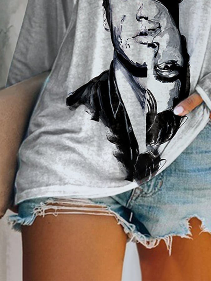 V-neck Retro King Of Rock Roll Print T-Shirt