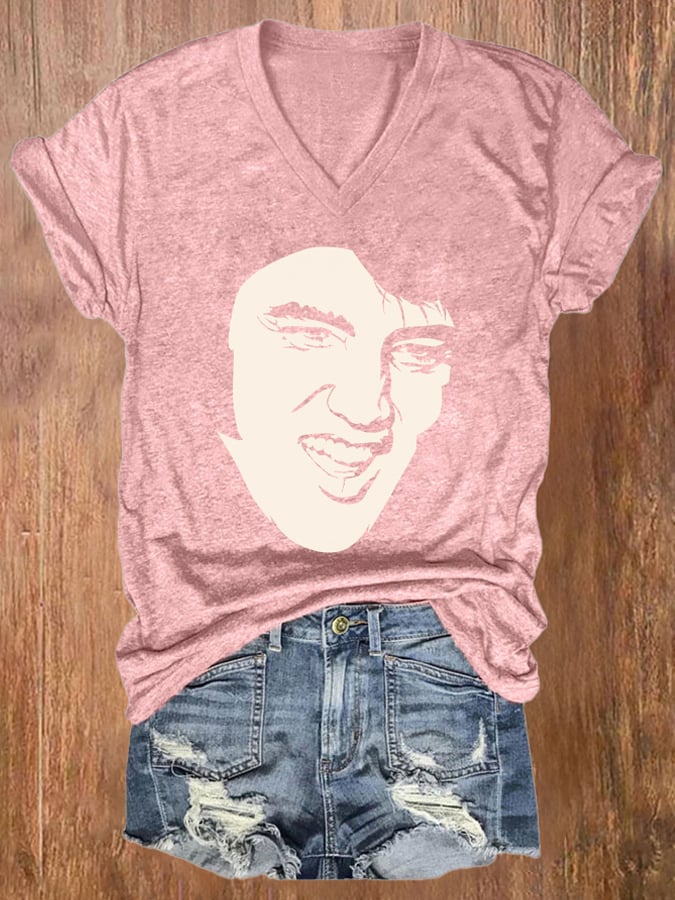 V-neck Retro King Of Rock Roll Print T-Shirt
