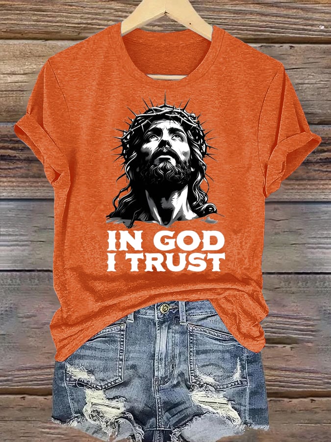 Women's In God I Trust Christian T-Shirt, Retro Jesus Portrait Graphic Tee, Faith Based Religious Shirt