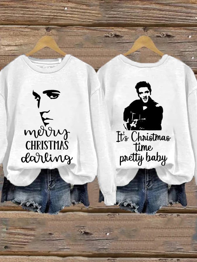 Retro King Of Rock Roll Merry Christmas Print Sweatshirt