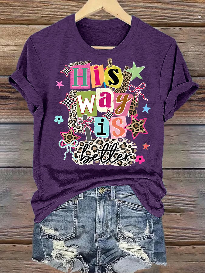 Women's His Way Is Better Faith T-Shirt, Leopard Print Christian Women Graphic Tee, Cute Religious Casual Everyday Shirt