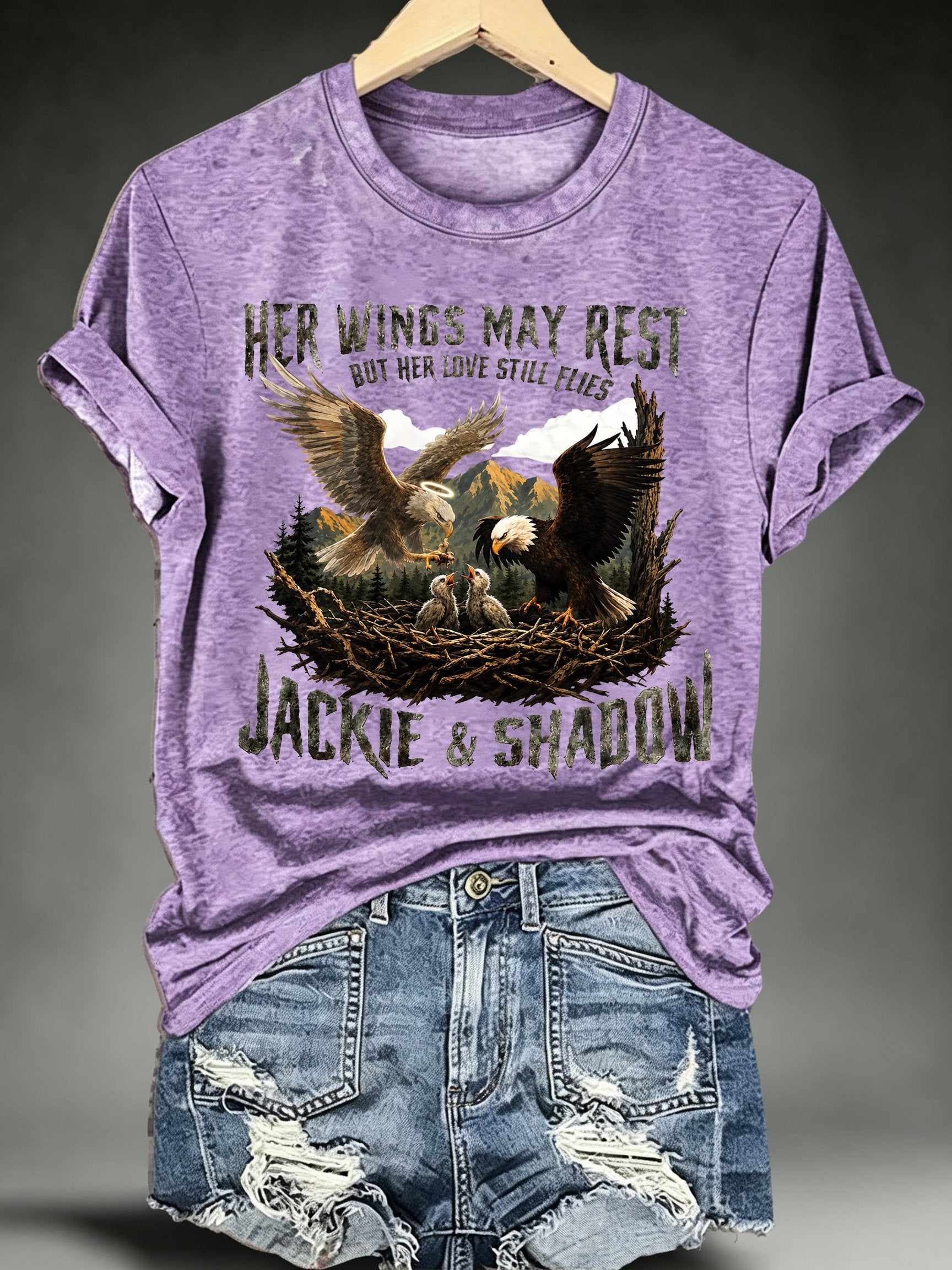 Women's HER WINGS MAY REST Print Crew-Neck T-Shirt