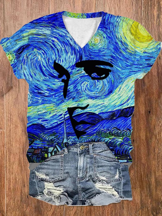 Women's Fun Vintage Oil Painting Silhouettes Print V-Neck T-Shirt